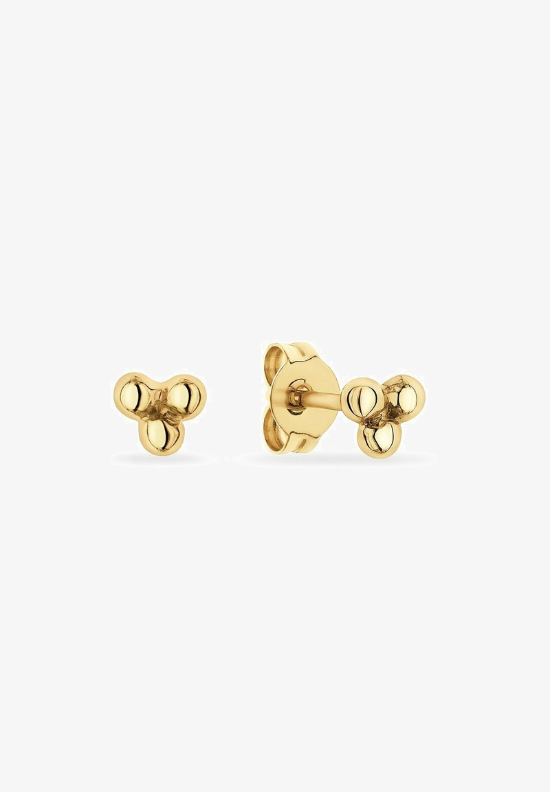 Gold stud earrings featuring a three-bump design with smooth surfaces and a polished finish. Includes a secure back closure.