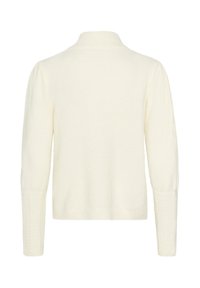 Kremfarvet strikket sweater med høj krave, lange ærmer og teksturerede detaljer på ærmerne. Blødt, hyggeligt materiale.