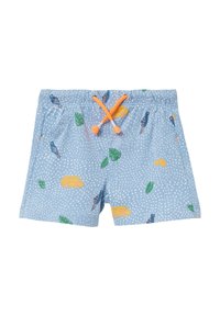 Shorts de bain bleus avec un imprimé ludique d'oiseaux, de vans jaunes et de feuilles vertes. Comprend un cordon de serrage orange et un tissu texturé.