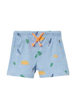 Blauwe zwembroek met een speelse print van vogels, gele sneakers en groene bladeren. Inclusief een oranje trekkoord en textuurstof.