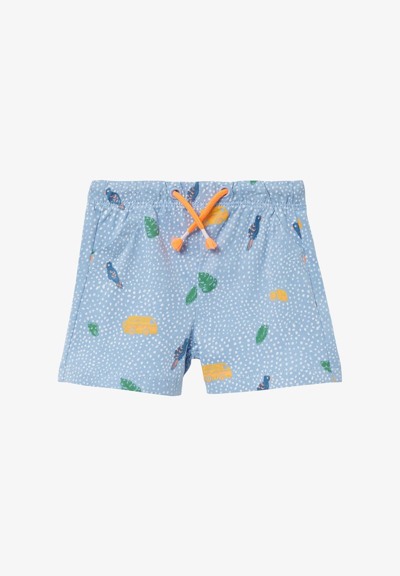 Blauwe zwembroek met een speelse print van vogels, gele sneakers en groene bladeren. Inclusief een oranje trekkoord en textuurstof.