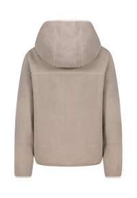 Beige fleece jacket with a textured finish, featuring a hood and sewn-in details at the shoulders and cuffs. Back view.