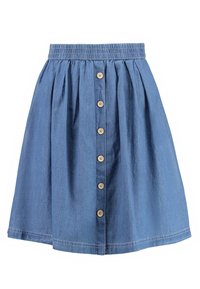 Denim A-linjainen hame, jossa on joustava vyötärönauha, etupuolella puu-napilla suljettava, ja laskostettu yksityiskohtia lisäämään tekstuuria.