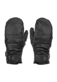 Moufles en cuir noir à finition texturée, arborant un logo distinctif et une étiquette GORE-TEX, conçues pour la chaleur et l'imperméabilité.