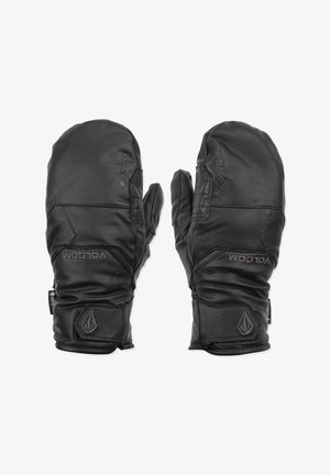 Black leather mittens with a textured finish, featuring a distinctive logo and a GORE-TEX tag, designed for warmth and waterproofing.