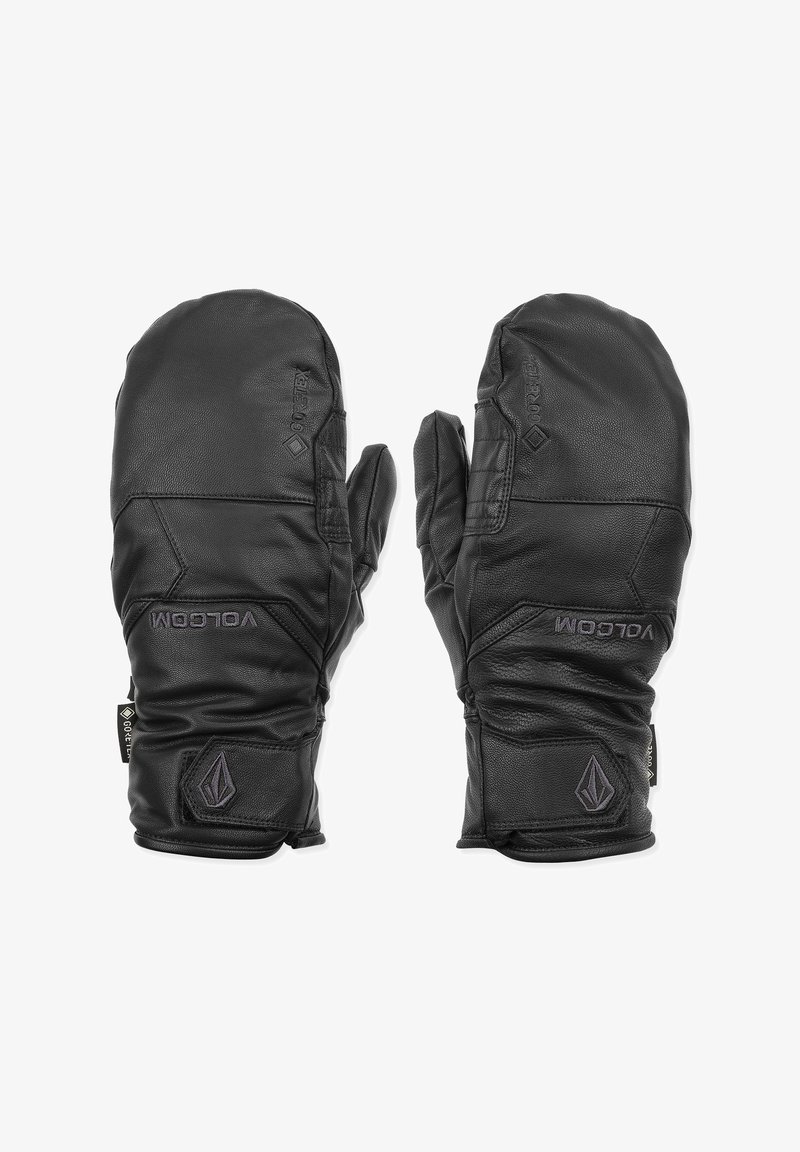 Moufles en cuir noir à finition texturée, arborant un logo distinctif et une étiquette GORE-TEX, conçues pour la chaleur et l'imperméabilité.