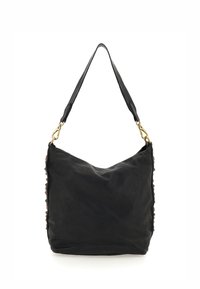 Borsa a spalla in pelle nera con un design morbido, caratterizzata da una texture liscia e un accento in metallo dorato sulla tracolla.