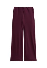 Pantalons à jambes larges et côtelés dans une couleur bourgogne profonde, dotés d'une taille élastique pour le confort et d'une coupe fluide et décontractée.