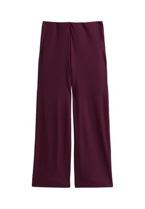 Pantalons à jambes larges et côtelés dans une couleur bourgogne profonde, dotés d'une taille élastique pour le confort et d'une coupe fluide et décontractée.