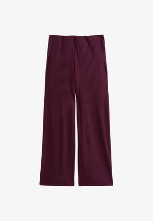 Szerokie, prążkowane spodnie w głębokim burgundowym kolorze, z elastycznym paskiem w talii dla komfortu oraz swobodnym, luźnym krojem.