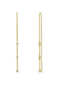 Boucles d'oreilles en chaîne dorée comprenant trois éléments circulaires ornés de pierres précieuses transparentes, conçues avec une forme délicate et allongée ainsi qu'une texture fine.