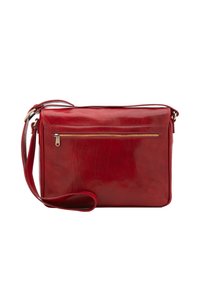 Borsa a spalla in pelle rossa con una superficie liscia, forma rettangolare, tracolla regolabile e tasca frontale con zip. Include accentuazioni in metallo.