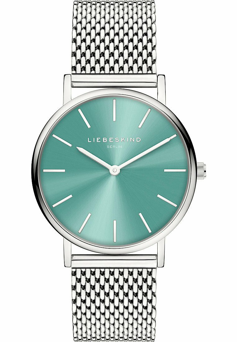 Runde silberne Uhr mit einem mintgrünen Zifferblatt, silbernen Stundenmarkierungen und einem Armband aus Edelstahl-Mesh. Minimalistisches Design mit einem eleganten Finish.