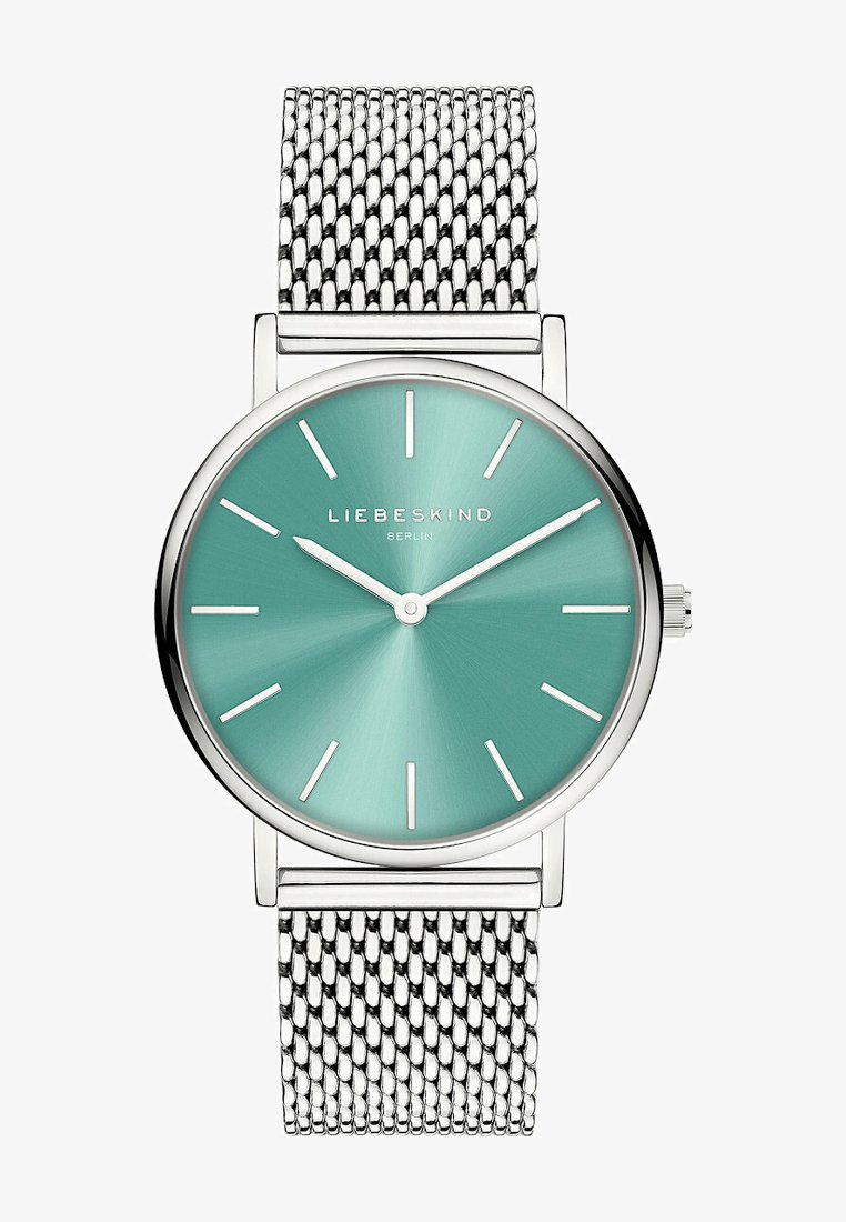 Ronde zilveren horloge met een muntgroene wijzerplaat, zilveren uurmarkers en een mesh roestvrijstalen band. Minimalistisch design met een stijlvolle afwerking.