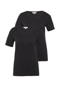 Zwei schwarze T-Shirts mit kurzen Ärmeln aus weicher Baumwolle. Eigenschaften sind ein runder Ausschnitt und eine lockere Passform. Einfaches Design ohne zusätzliche Muster.