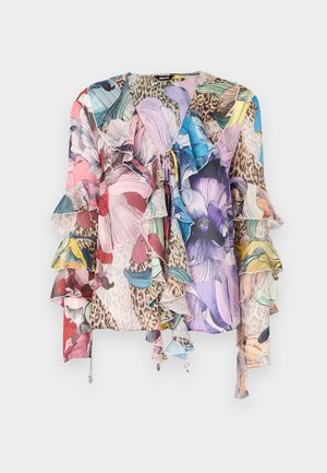 Blusa floral multicolorida con mangas acampanadas, tejido suave, escote en V y una mezcla de estampado animal, con vibrantes tonos de rosa, azul y verde.