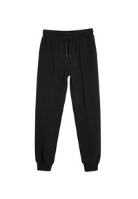 Sorte sweatpants lavet af blødt stof, med en elastisk talje med snoretræk, sidelommer og tapered manchetter.