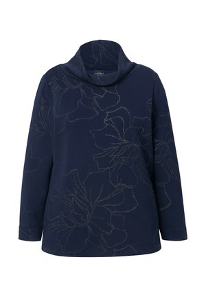 Navy top met cowlnek en lange mouwen, voorzien van een subtiel bloemenpatroon in metallic draad. Zachte textuur, relaxte pasvorm en een effen zoom.