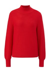 Roter gestrickter Pullover mit hohem Kragen, langen Ärmeln und gerippten Bündchen. Glatte Textur mit einheitlicher Farbe und ohne sichtbare Muster oder Akzente.