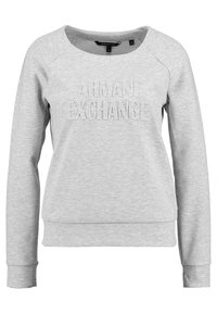 Sudadera gris con cuello redondo, mangas raglán y texto en relieve "ARMANI EXCHANGE" en la parte delantera. Tejido suave con una textura lisa.
