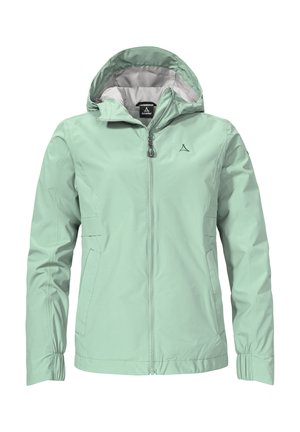 Mintgrüne, wasserfeste Jacke mit Reißverschluss vorne, abnehmbarem Kapuzen, elastischen Bündchen und zwei Seitentaschen. Mit einem Logo auf der Brust.