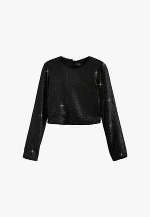 Zwart cropped longsleeve top van textuurstof met pailletten, met een ronde hals en een rits aan de achterkant.