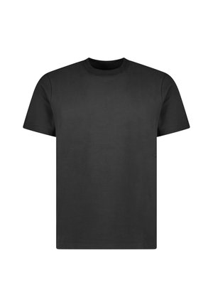 Zwarte katoenen t-shirt met een ronde halslijn, korte mouwen en een gladde, uniforme textuur; heeft een subtiel, verhoogd logo op de borst.