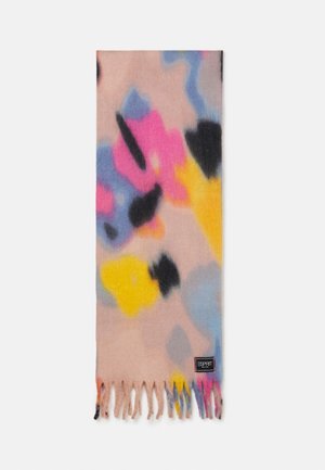 Écharpe douce avec des motifs abstraits rose, jaune, bleu, noir et beige, bords frangés et une petite étiquette de la marque Esprit dans un coin.