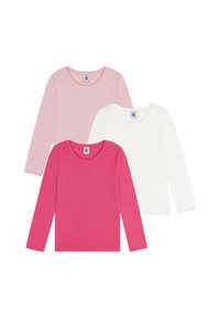 Drei langärmelige Rundhals-T-Shirts aus Baumwolle in Pink, Hellpink und Weiß, mit Etiketten am Halsauschnitt und glattem Stoffgefühl.
