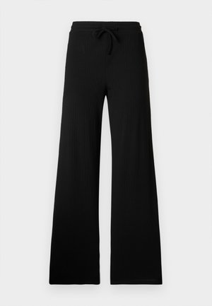 Pantalones de pierna ancha negros con textura acanalada y cinturilla con cordón. Textura suave, diseño de longitud completa y sin acentos o patrones adicionales.