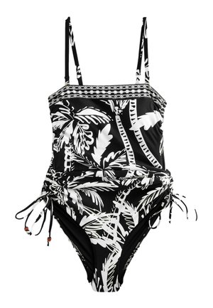 Enodelne kopalke v črno-beli barvi z motivom tropskih listov, nastavljivimi naramnicami in obrobami z vrvico ter okraski iz perlic.