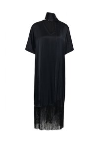 Robe courte en satin noire à manches courtes, col en V, col haut style foulard et longues franges le long de l'ourlet.