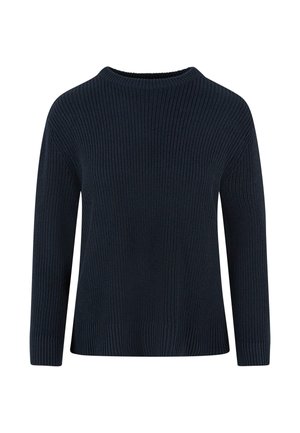 Maglione lavorato a maglia blu navy con collo rotondo, texture a coste, maniche lunghe e vestibilità comoda. Nessun motivo o dettaglio visibile.