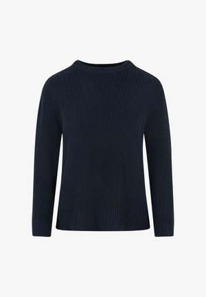 Suéter de punto azul marino con cuello redondo, textura acanalada, mangas largas y un corte holgado. Sin patrones o detalles visibles.