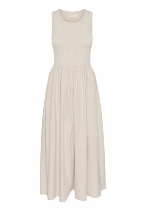 Robe sans manches, longueur genou en beige avec un corsage ajusté et une jupe froncée. Fabriquée en tissu doux avec une texture lisse.
