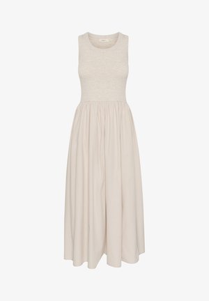 Sleeveless, knee-length dress in beige with a fitted bodice and gathered skirt. Made from soft fabric with a smooth texture.