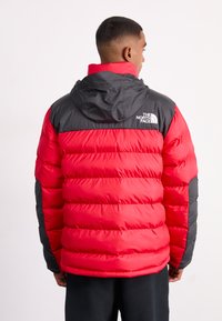 Raudonas ir juodas pūkinis švarkas su kapu, su siuvinėtu dizainu, "The North Face" logotipu ant nugaros ir elastingomis rankovėmis šilumai.