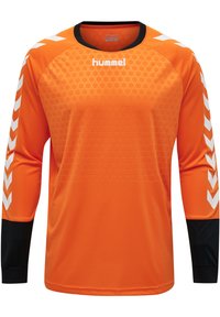 Oranje sporttrui met lange mouwen, gekenmerkt door een gestructureerd driehoekig patroon, zwarte accenten op de manchetten en witte chevron-details op de mouwen.