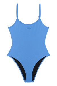 Maillot de bain une pièce bleu avec des bretelles fines, une texture lisse, des ouvertures de jambe à coupe haute et des détails noirs sur les côtés.