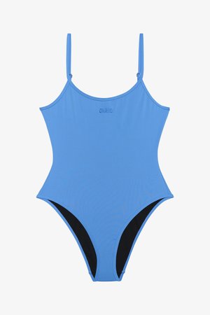 Blauer einteiliger Badeanzug mit dünnen Trägern, glatter Textur, hohen Beinausschnitten und schwarzen Akzentdetails an den Seiten.