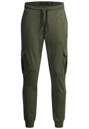 Olive green cargo pants made of soft fabric, featuring side pockets, a drawstring waistband, and tapered legs.