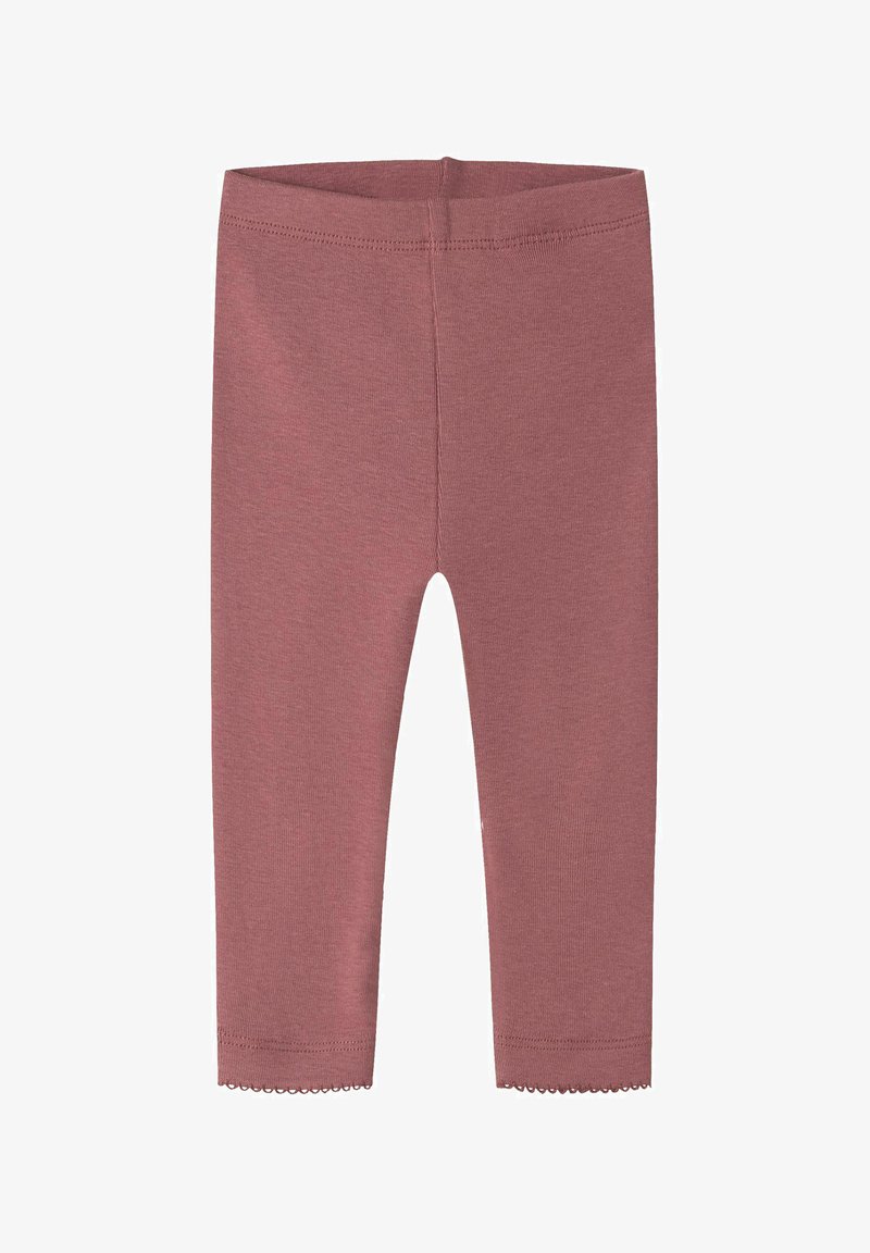 Leggings doux couleur vieux rose pour tout-petits, avec une taille élastique et un bord festonné discret aux poignets de cheville, sur fond blanc.