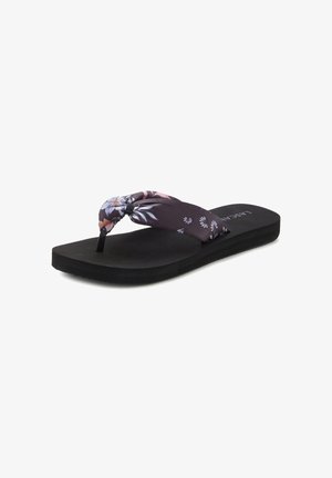 Zwarte flip-flop sandaal met een bloemenpatroon in donkere tinten. Heeft een platte zool en een zachte textiele bovenzijde voor comfort.