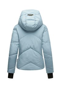 Light blue puffer jacket with a hood, featuring a chevron design on the back, black cuffs, and a logo label at the neckline.