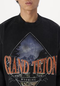 Persona che indossa una felpa nera con una grafica di montagna e foresta e la scritta "Grand Teton Wyoming" stampata sul davanti.