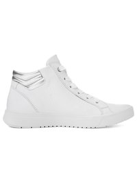 White high-top sneaker with lace-up front and metallic silver padded collar detail, displayed against a white background.