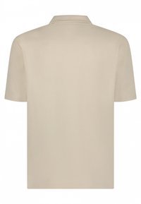 Beige poloshirt met een klassieke kraag, korte mouwen en een gladde textuur met een minimalistisch ontwerp. Geen extra patronen of accenten.