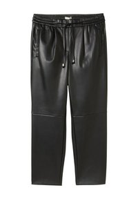 Schwarze Kunstlederhosen mit elastischem Bund, Kordelzug-Detail, seitlichen Taschen und einer glatten Textur. Verfügt über ein Paneel-Design an den Beinen.