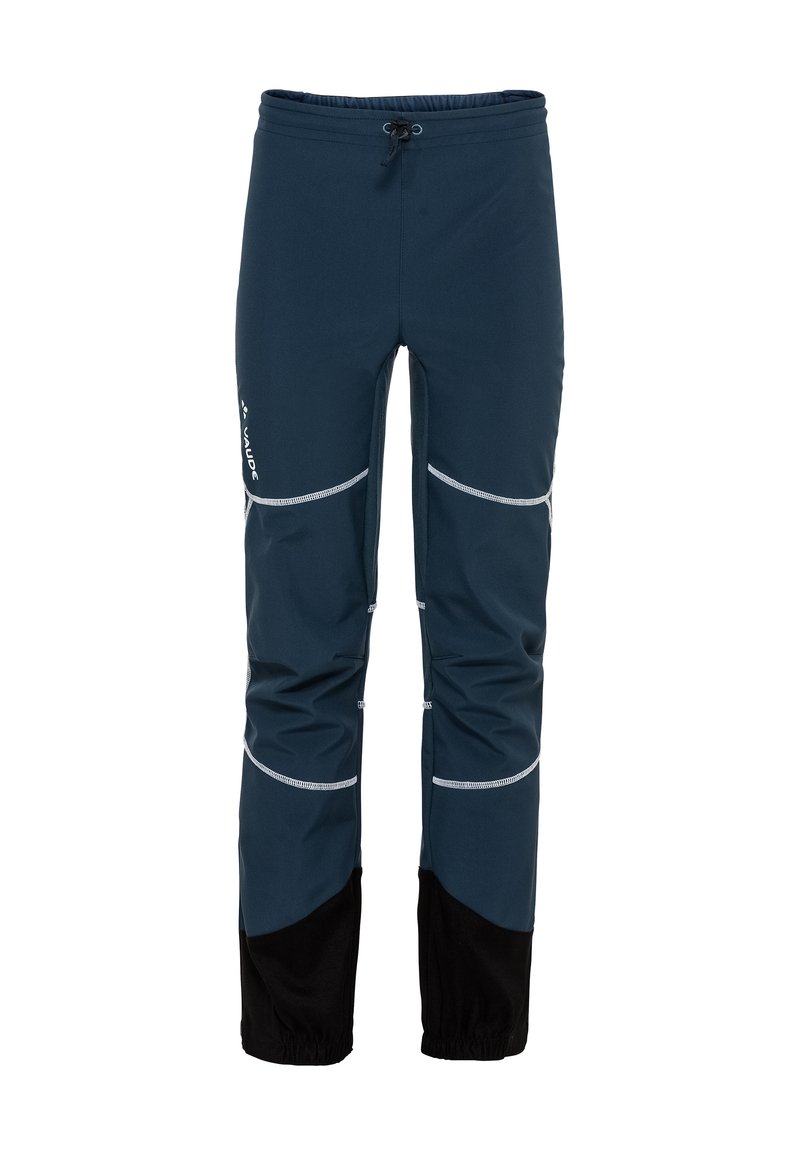 Pantaloni soft-shell di un blu scuro, con accenti riflettenti, vita elastica e sezioni inferiori nere. Presentano una vestibilità affusolata e un materiale resistente.