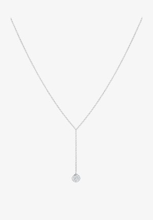 Sølv halskæde med en delikat kæde og et vandret dråbe vedhæng med en rund, funklende pendant. Simpelt design med en glat tekstur.